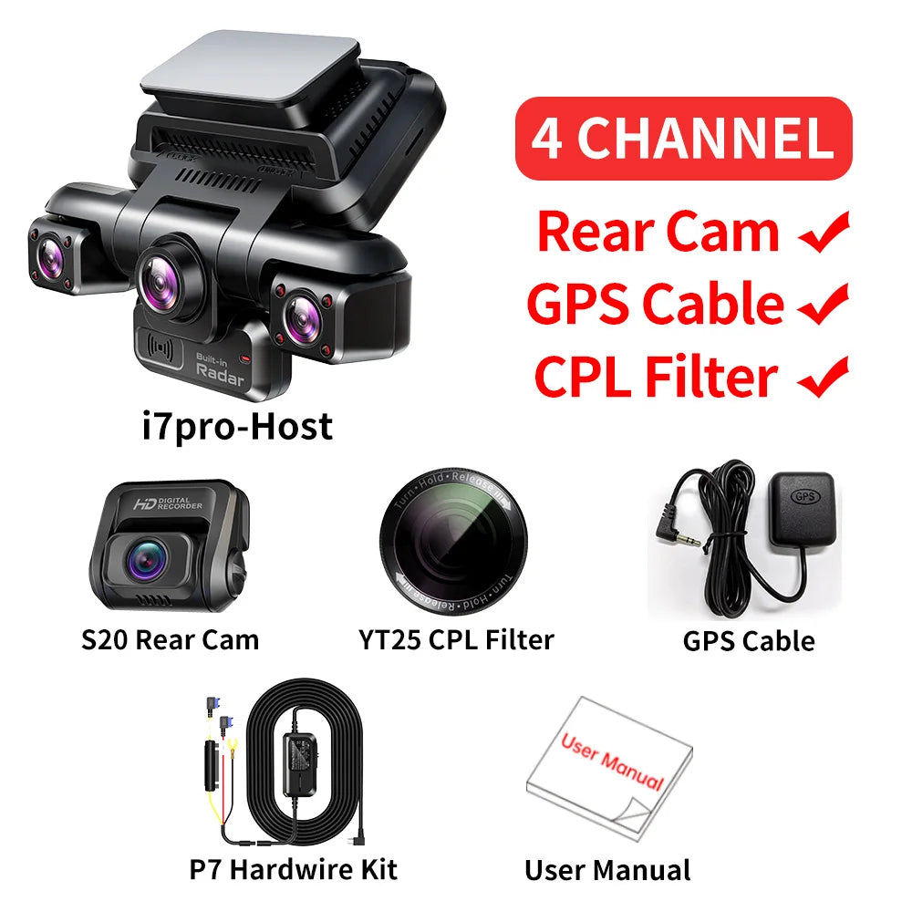 TiESFONG 4CH GPS Dash Cam i7pro Front 4K/2K+3*1080P for Car 360 DVR Camera 24H Parking Mode WIFI Video Recorder IR Night Vision