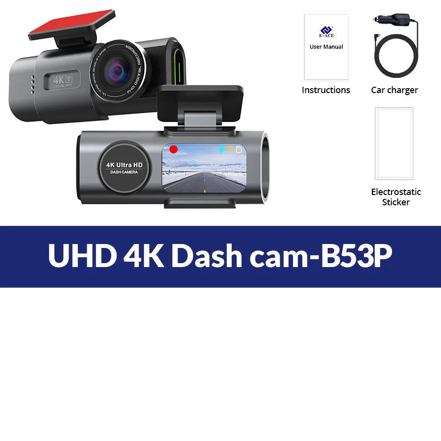 E-ACE Dash Cam 4K GPS WIFI APP 24H Night Vision Mini Optional Rear Lens Dashcam Car DVR For Car
