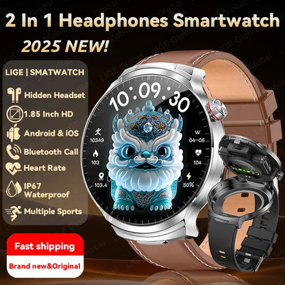 LIGE New TWS 2-In-1 Headset Smart Watch 1.85" Bluetooth Call Men Earphone Smartwatch Heart Rate Health Monitor Music