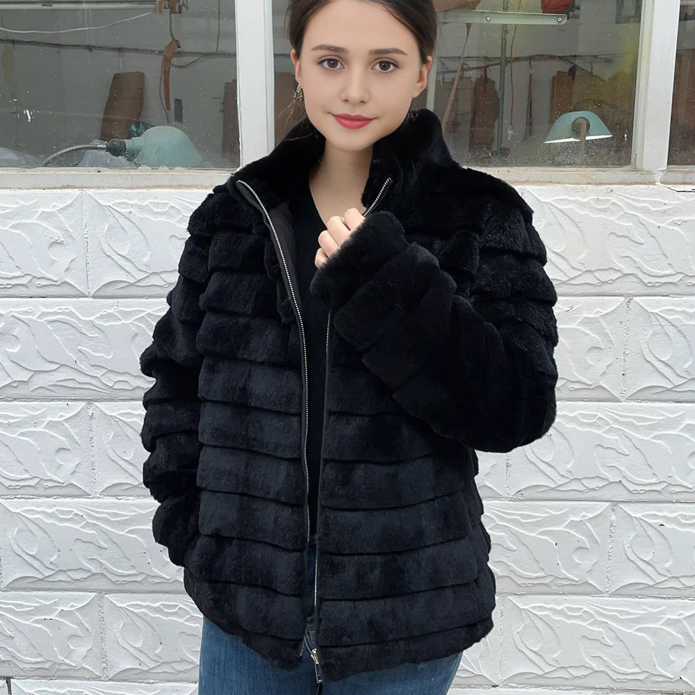Fancy Rani Natural Rex Rabbit Fur Coat Women Winter Jacket