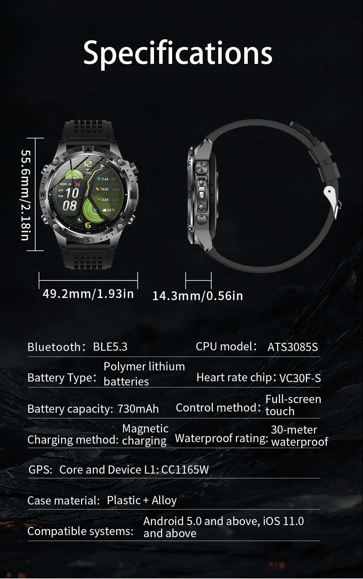 GUHUAVMI GPS Outdoor Smart Watch 1.43 AMOLED Fitness Tracker with Offline Maps Local Music Compass Altimeter Barometer Heart Rate 3ATM BT
