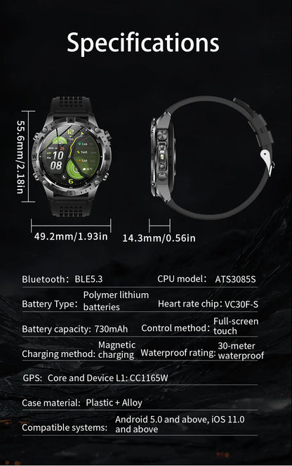 GUHUAVMI GPS Outdoor Smart Watch 1.43 AMOLED Fitness Tracker with Offline Maps Local Music Compass Altimeter Barometer Heart Rate 3ATM BT