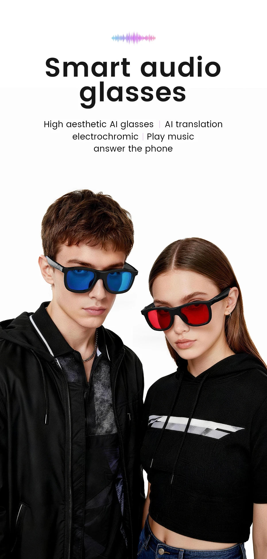 New Touch Color Change Smart Glasses AI Translation Voice Wake-Up Dual Mic Noise Reduction Bluetooth Music IP65 Waterproof