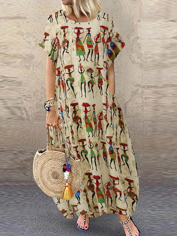 ZANZEA Summer Maxi Dress Women's Vintage Printed Sundress Casual Loose Short Sleeve Vestidos Vacation High Waist Robe - Zara-Craft