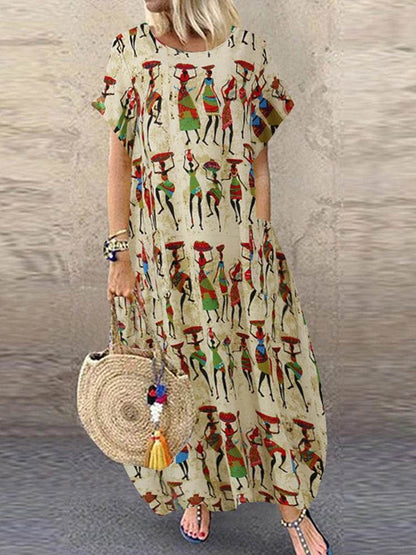 ZANZEA Summer Maxi Dress Women's Vintage Printed Sundress Casual Loose Short Sleeve Vestidos Vacation High Waist Robe - Zara-Craft