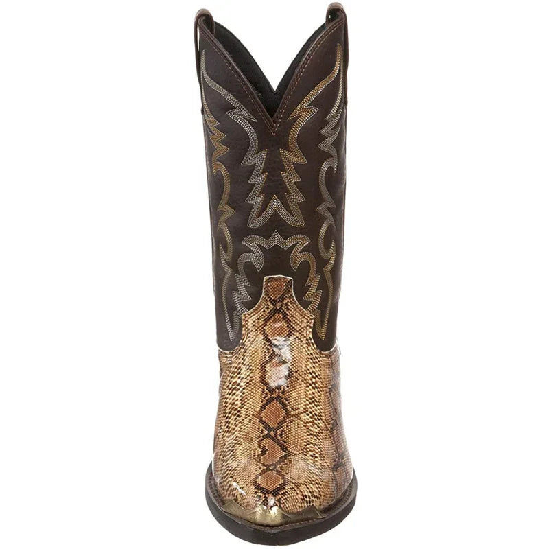 Snake Pattern Cowboy Men Handmade Mid-calf Boots Retro Pointed-top Western Boots