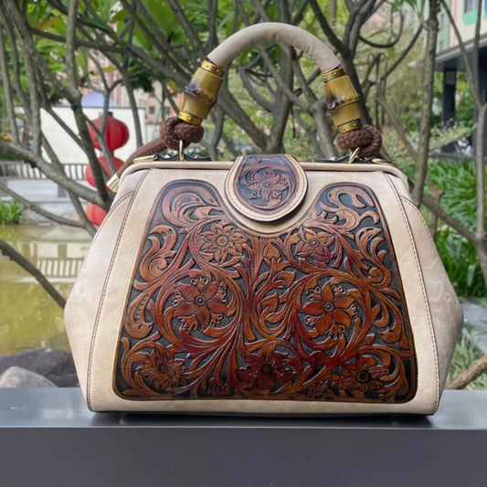 Luxury Handmade Women Shoulder Handbag Vintage Carved Leather