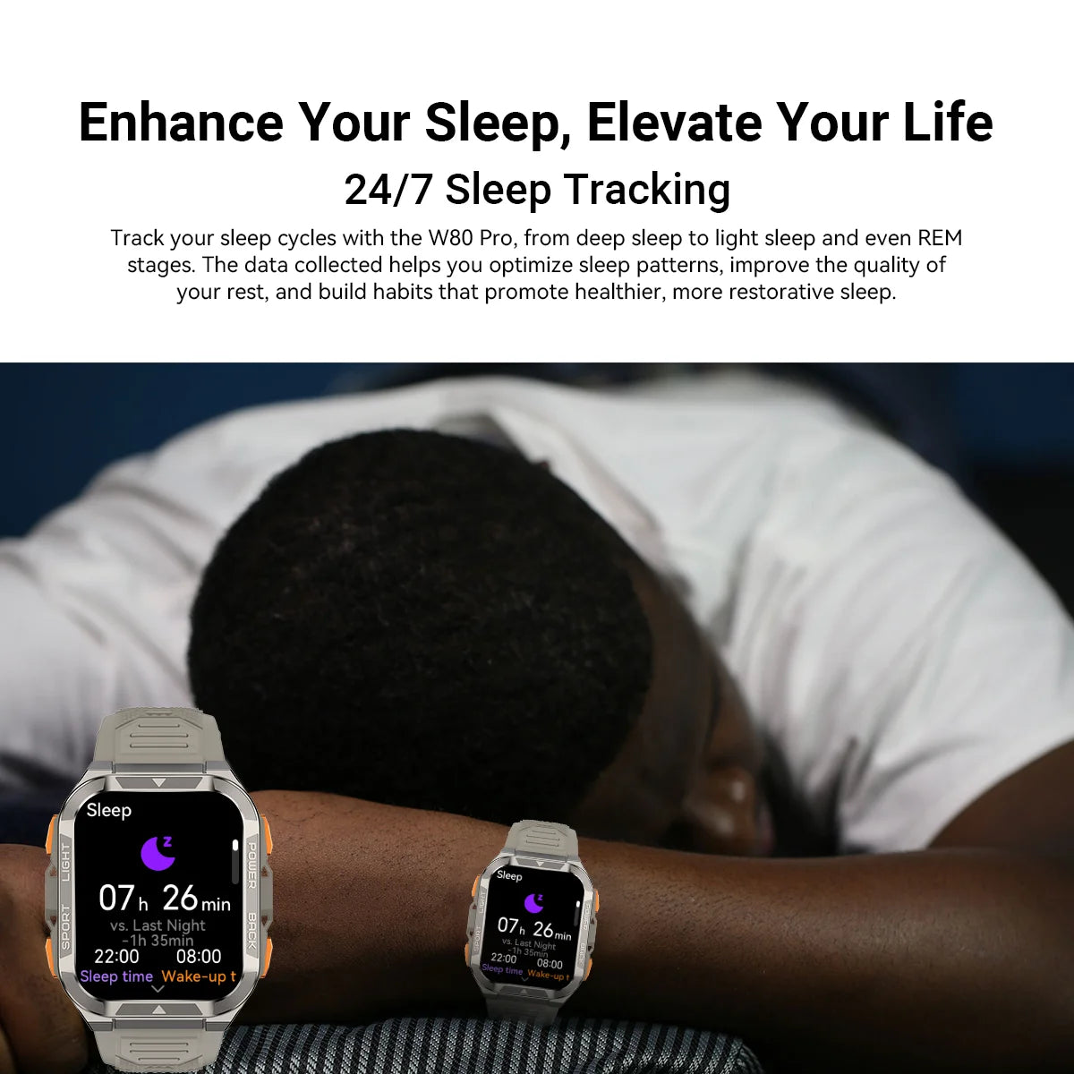 Smartwatch with sleep tracking feature displayed on a person's wrist, with text about 24/7 sleep tracking.