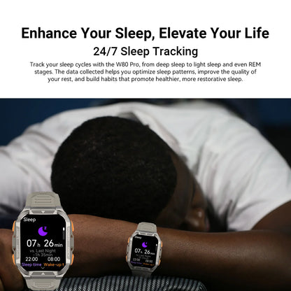 Smartwatch with sleep tracking feature displayed on a person's wrist, with text about 24/7 sleep tracking.