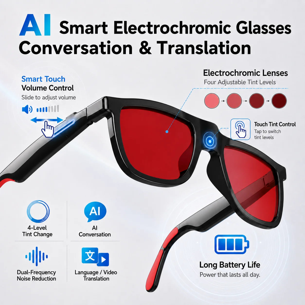 New Touch Color Change Smart Glasses AI Translation Voice Wake-Up Dual Mic Noise Reduction Bluetooth Music IP65 Waterproof