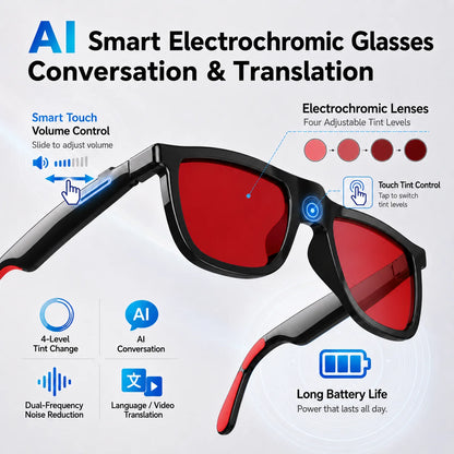 New Touch Color Change Smart Glasses AI Translation Voice Wake-Up Dual Mic Noise Reduction Bluetooth Music IP65 Waterproof