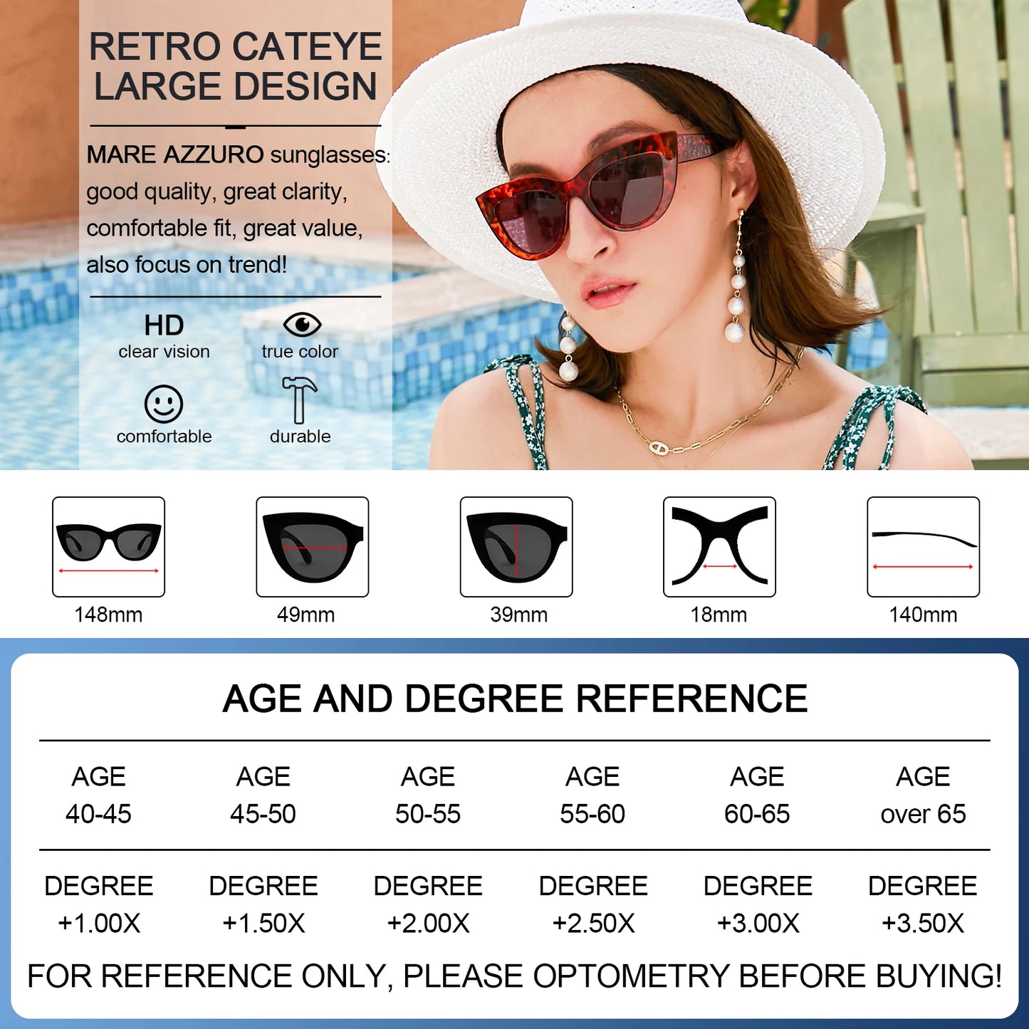 Woman wearing retro cateye sunglasses with product features and size chart displayed.