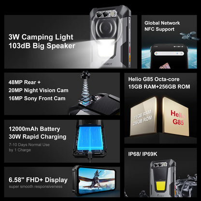FOSSIBOT F106 PRO MTK G85 4G Android 14 15GB(8+7GB Extended) 256GB ROM Rugged Smartphone 12000mAh Battery 48MP Camera