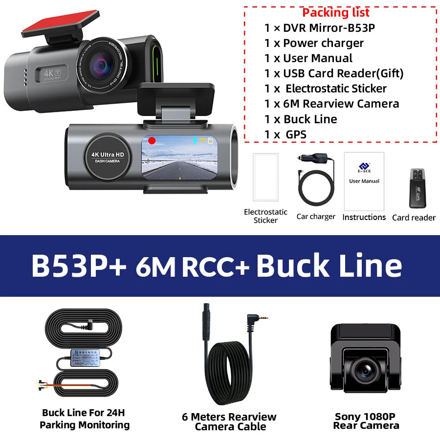 E-ACE Dash Cam 4K GPS WIFI APP 24H Night Vision Mini Optional Rear Lens Dashcam Car DVR For Car