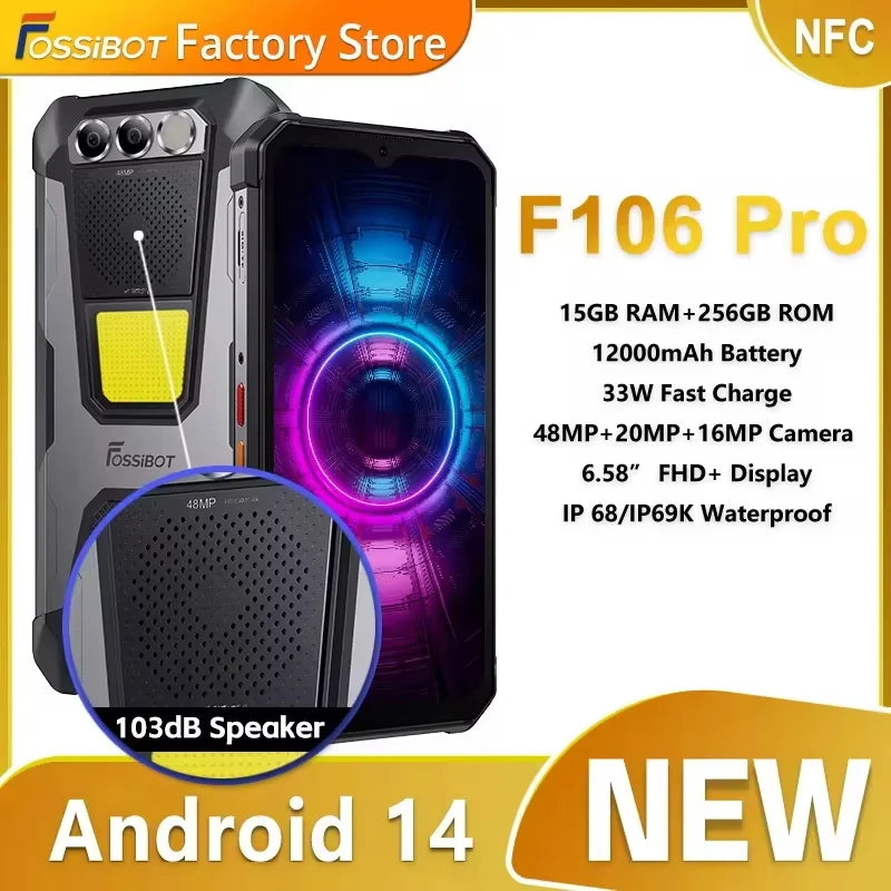 FOSSIBOT F106 PRO MTK G85 4G Android 14 15GB(8+7GB Extended) 256GB ROM Rugged Smartphone 12000mAh Battery 48MP Camera