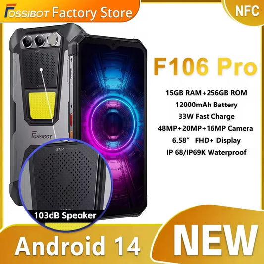 FOSSIBOT F106 PRO MTK G85 4G Android 14 15GB(8+7GB Extended) 256GB ROM Rugged Smartphone 12000mAh Battery 48MP Camera