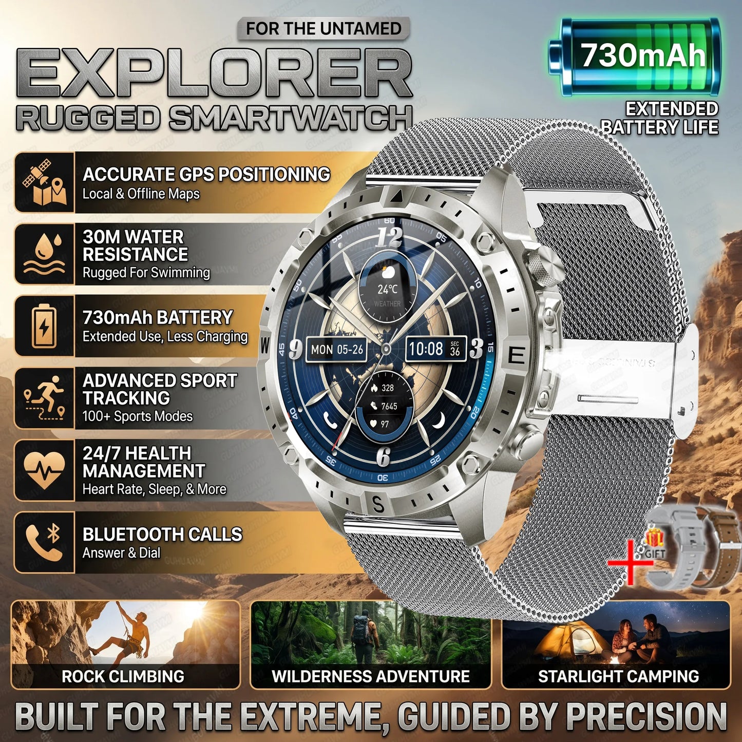 GUHUAVMI GPS Outdoor Smart Watch 1.43 AMOLED Fitness Tracker with Offline Maps Local Music Compass Altimeter Barometer Heart Rate 3ATM BT
