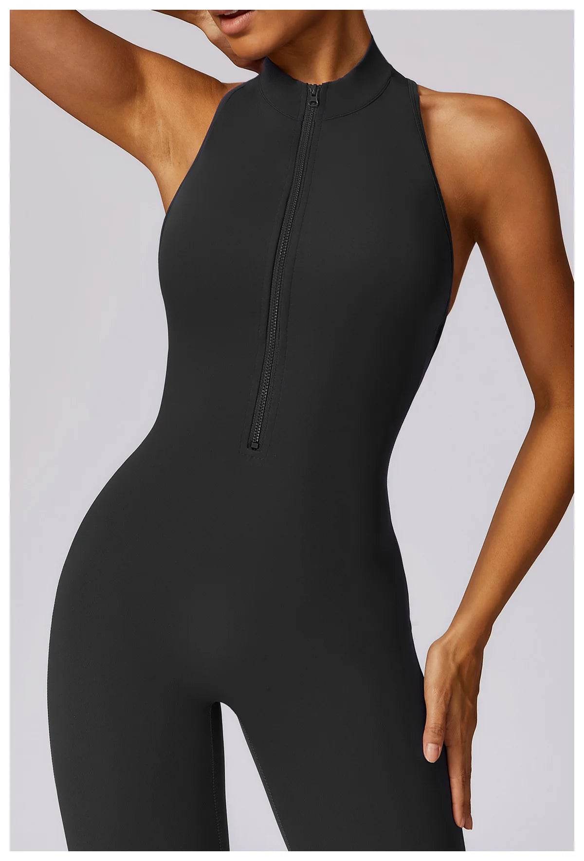 V Back One-piece Suit Women Sports Jumpsuit Zippers Yoga Rompers Backless Sportswear Women Sleeveles Workout Bodysuits Female - Zara-Craft