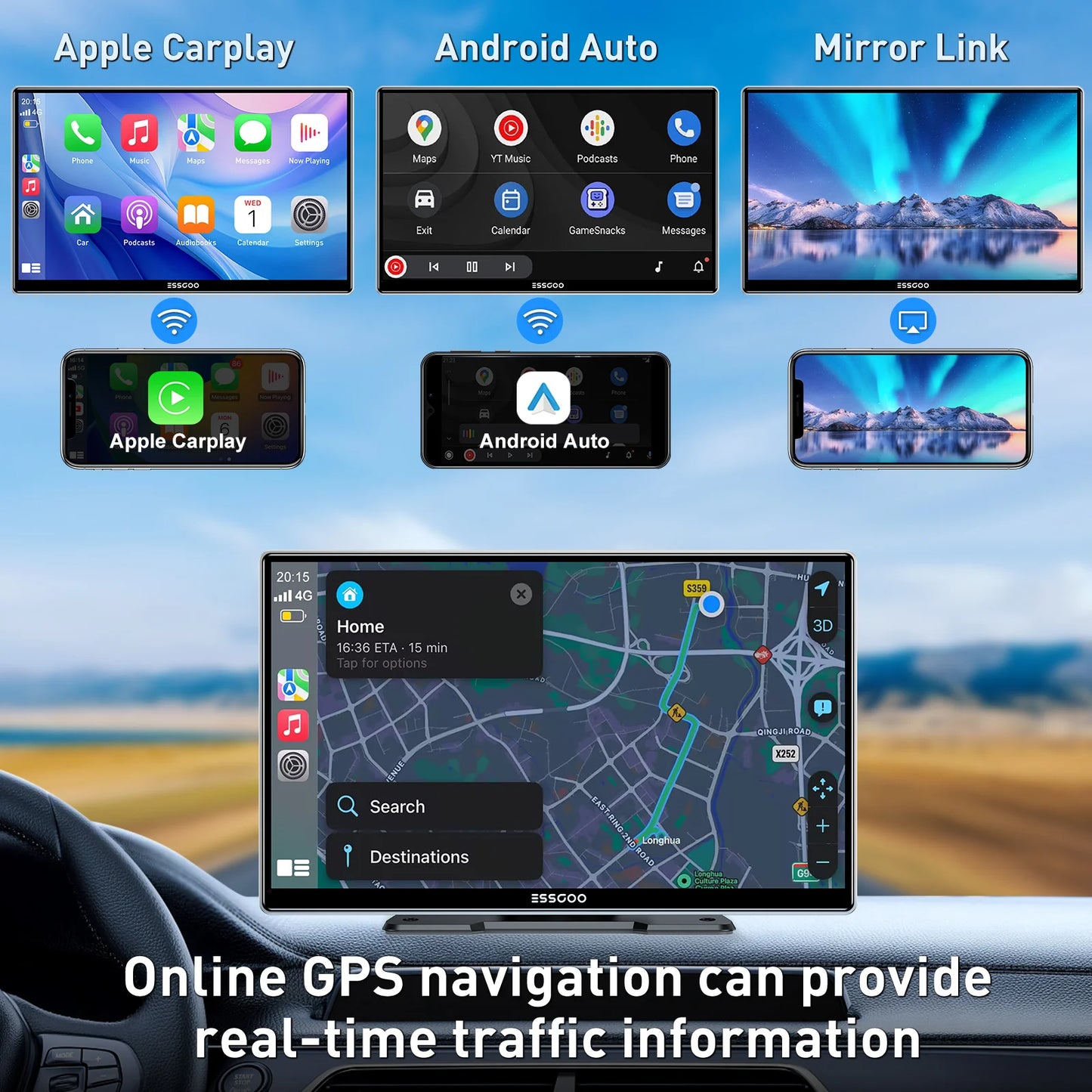 ESSGOO 9 Inch Touch Screen Portable Car Stereo Radio Wireless Apple Carplay Android Auto USB TF Bluetooth Mirror Link