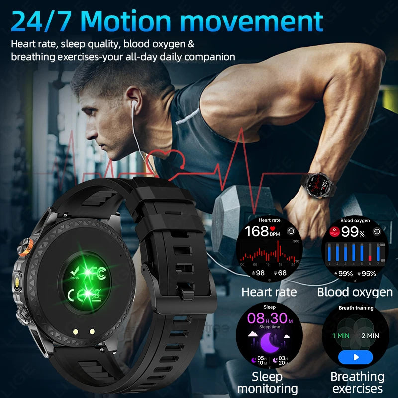 LIGE New Military T-Rex 3 Ultra Smart Watch 1000mAh Battery IP68 Waterproof Compass Flashlight Sports Tracker Smartwatch