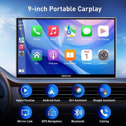 ESSGOO 9 Inch Touch Screen Portable Car Stereo Radio Wireless Apple Carplay Android Auto USB TF Bluetooth Mirror Link