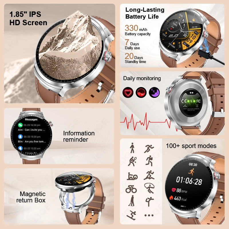 LIGE New TWS 2-In-1 Headset Smart Watch 1.85" Bluetooth Call Men Earphone Smartwatch Heart Rate Health Monitor Music