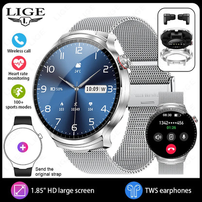 LIGE New TWS 2-In-1 Headset Smart Watch 1.85" Bluetooth Call Men Earphone Smartwatch Heart Rate Health Monitor Music