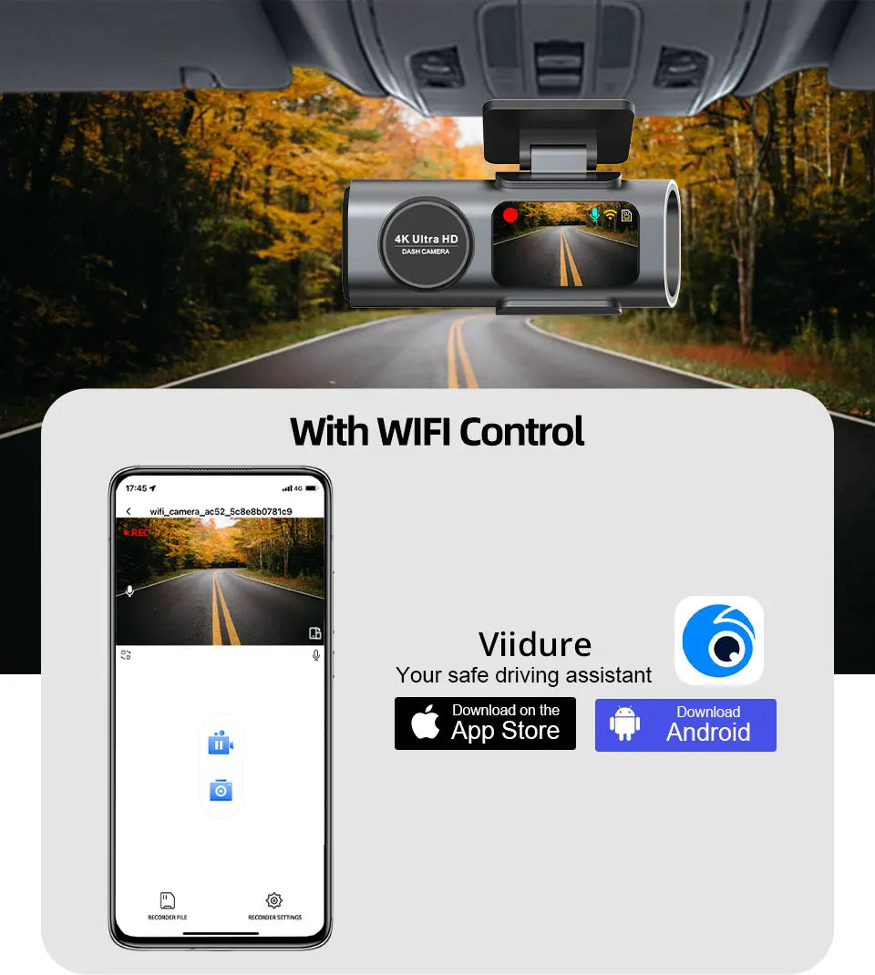 E-ACE Dash Cam 4K GPS WIFI APP 24H Night Vision Mini Optional Rear Lens Dashcam Car DVR For Car