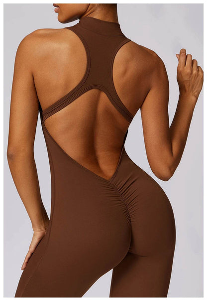 V Back One-piece Suit Women Sports Jumpsuit Zippers Yoga Rompers Backless Sportswear Women Sleeveles Workout Bodysuits Female - Zara-Craft
