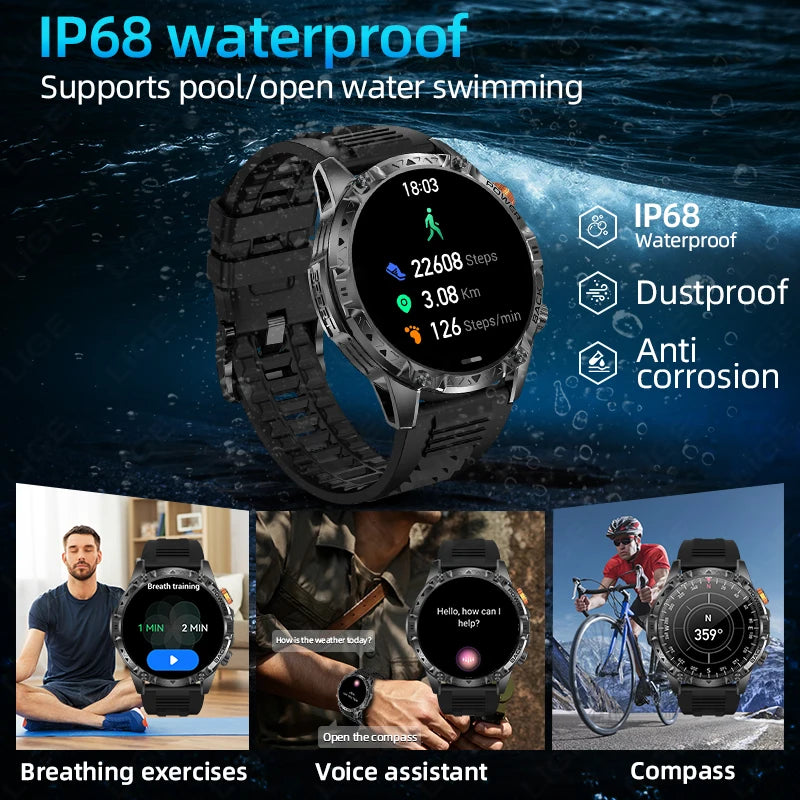 LIGE New Military T-Rex 3 Ultra Smart Watch 1000mAh Battery IP68 Waterproof Compass Flashlight Sports Tracker Smartwatch