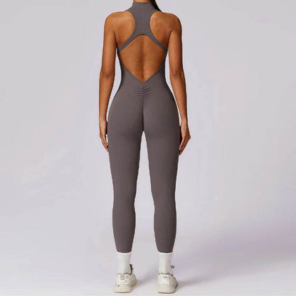 V Back One-piece Suit Women Sports Jumpsuit Zippers Yoga Rompers Backless Sportswear Women Sleeveles Workout Bodysuits Female - Zara-Craft