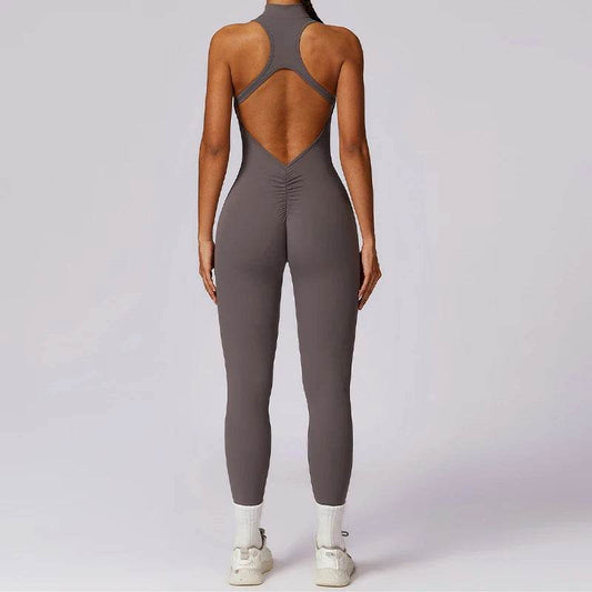 V Back One-piece Suit Women Sports Jumpsuit Zippers Yoga Rompers Backless Sportswear Women Sleeveles Workout Bodysuits Female - Zara-Craft