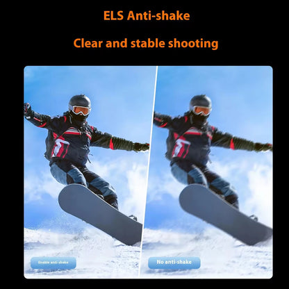 Comparison of clear and stable shooting with ELS Anti-shake technology on a snowboarder.