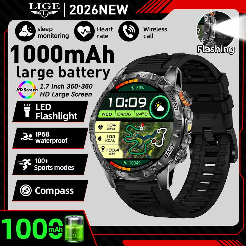 LIGE New Military T-Rex 3 Ultra Smart Watch 1000mAh Battery IP68 Waterproof Compass Flashlight Sports Tracker Smartwatch