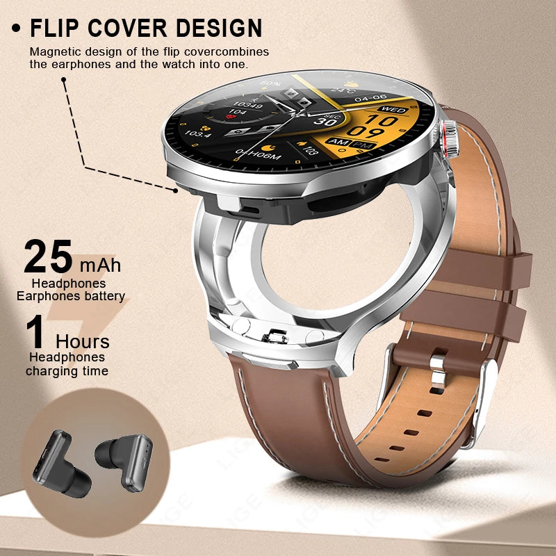 LIGE New TWS 2-In-1 Headset Smart Watch 1.85" Bluetooth Call Men Earphone Smartwatch Heart Rate Health Monitor Music