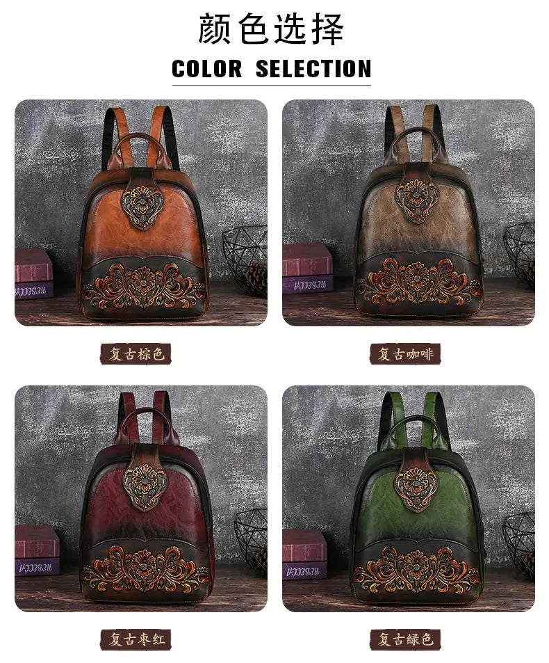 Color selection for a decorative backpack with ornate designs on a gray background.