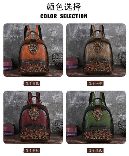 Color selection for a decorative backpack with ornate designs on a gray background.