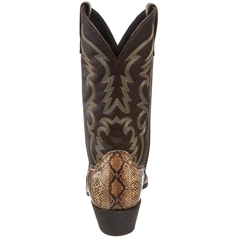 Snake Pattern Cowboy Men Handmade Mid-calf Boots Retro Pointed-top Western Boots