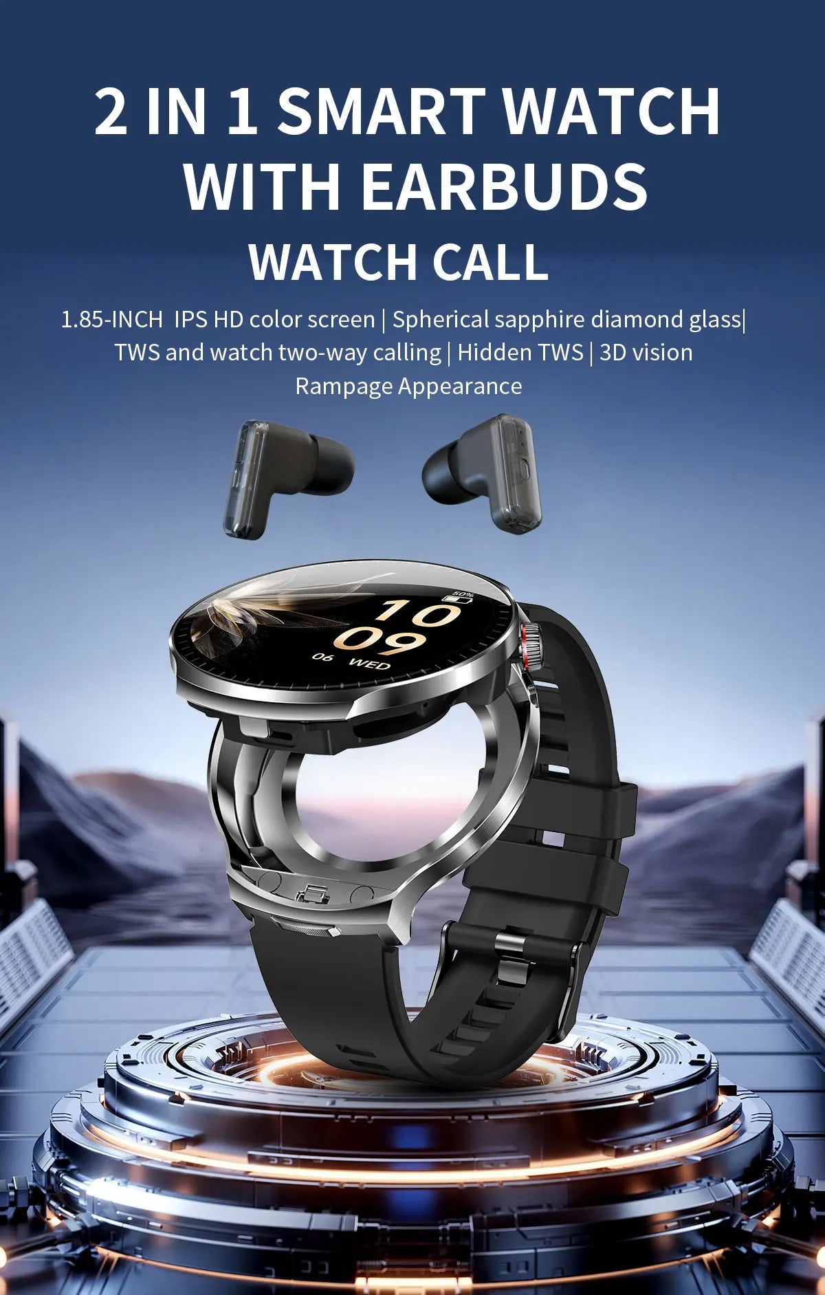 LIGE New TWS 2-In-1 Headset Smart Watch 1.85" Bluetooth Call Men Earphone Smartwatch Heart Rate Health Monitor Music