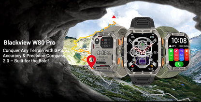 Blackview W80 Pro smartwatch with multiple display options on a mountainous background