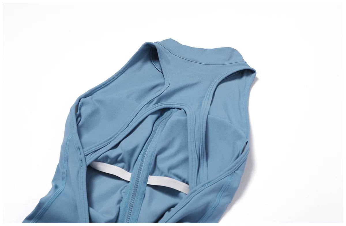 V Back One-piece Suit Women Sports Jumpsuit Zippers Yoga Rompers Backless Sportswear Women Sleeveles Workout Bodysuits Female - Zara-Craft