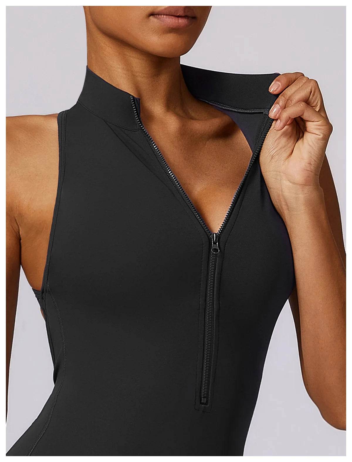 V Back One-piece Suit Women Sports Jumpsuit Zippers Yoga Rompers Backless Sportswear Women Sleeveles Workout Bodysuits Female - Zara-Craft