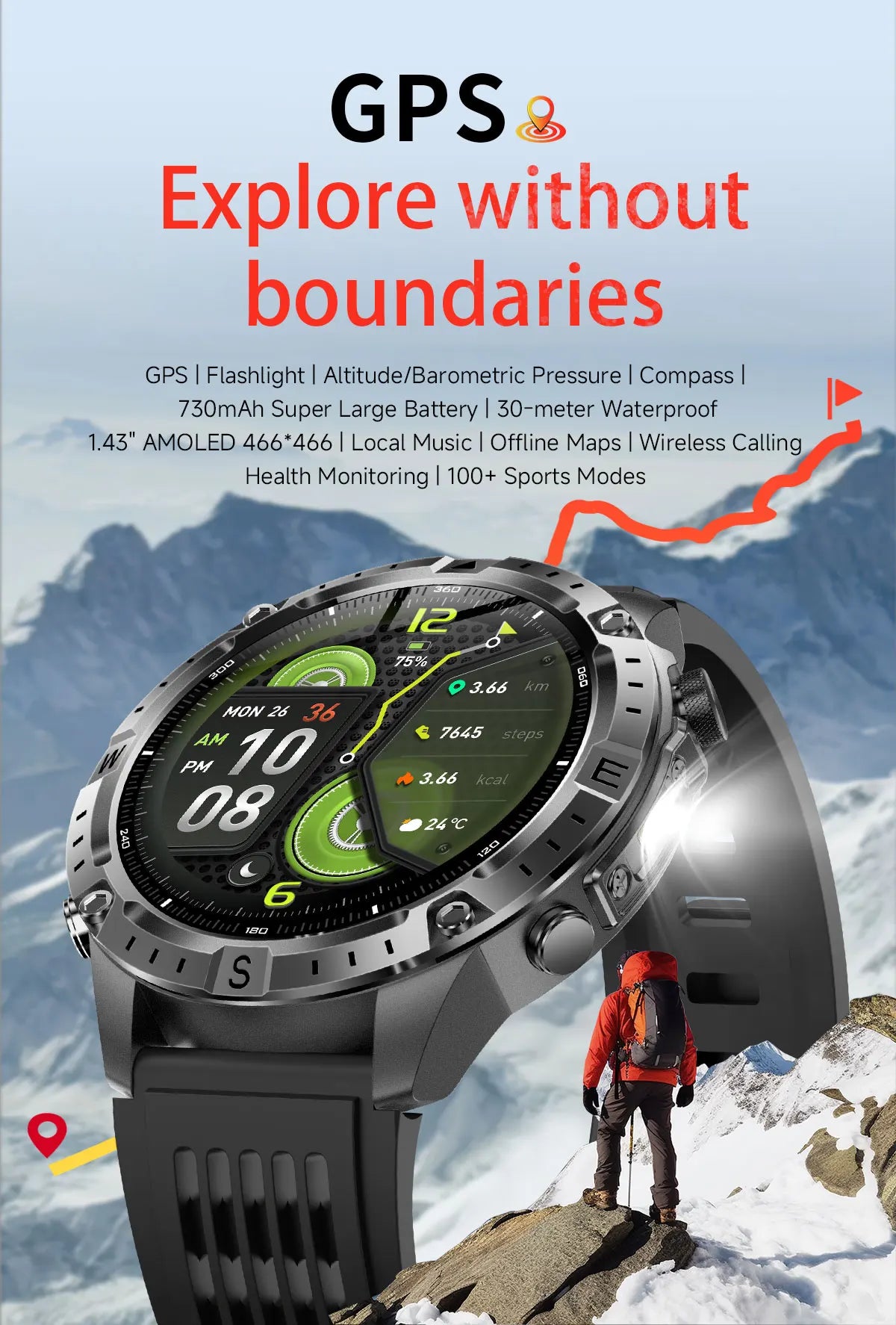 GUHUAVMI GPS Outdoor Smart Watch 1.43 AMOLED Fitness Tracker with Offline Maps Local Music Compass Altimeter Barometer Heart Rate 3ATM BT