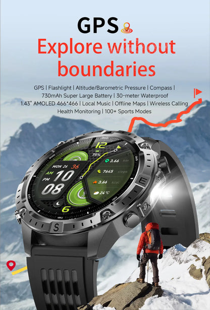 GUHUAVMI GPS Outdoor Smart Watch 1.43 AMOLED Fitness Tracker with Offline Maps Local Music Compass Altimeter Barometer Heart Rate 3ATM BT