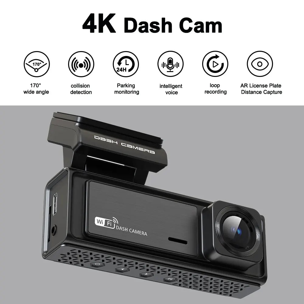 4K Dash Cam with features listed on a gray background