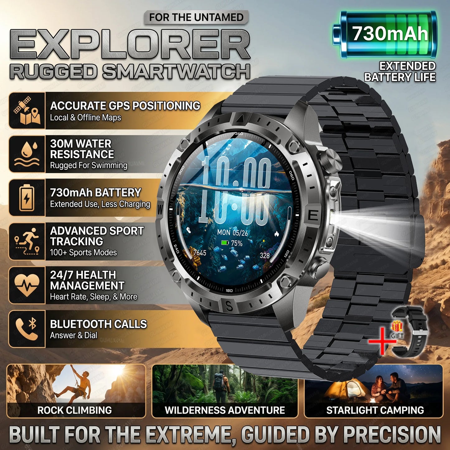 GUHUAVMI GPS Outdoor Smart Watch 1.43 AMOLED Fitness Tracker with Offline Maps Local Music Compass Altimeter Barometer Heart Rate 3ATM BT