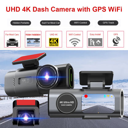 UHD 4K Dash Camera with GPS WiFi on a road background