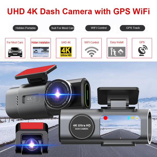 UHD 4K Dash Camera with GPS WiFi on a road background