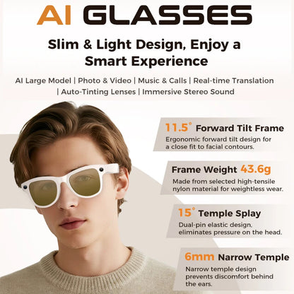 Advertisement for AI Glasses with a person wearing the glasses, highlighting features like slim design and smart experience.