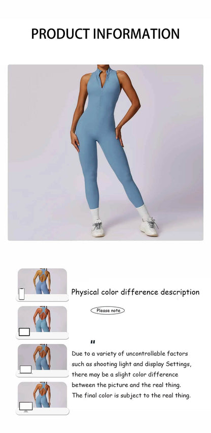 V Back One-piece Suit Women Sports Jumpsuit Zippers Yoga Rompers Backless Sportswear Women Sleeveles Workout Bodysuits Female - Zara-Craft